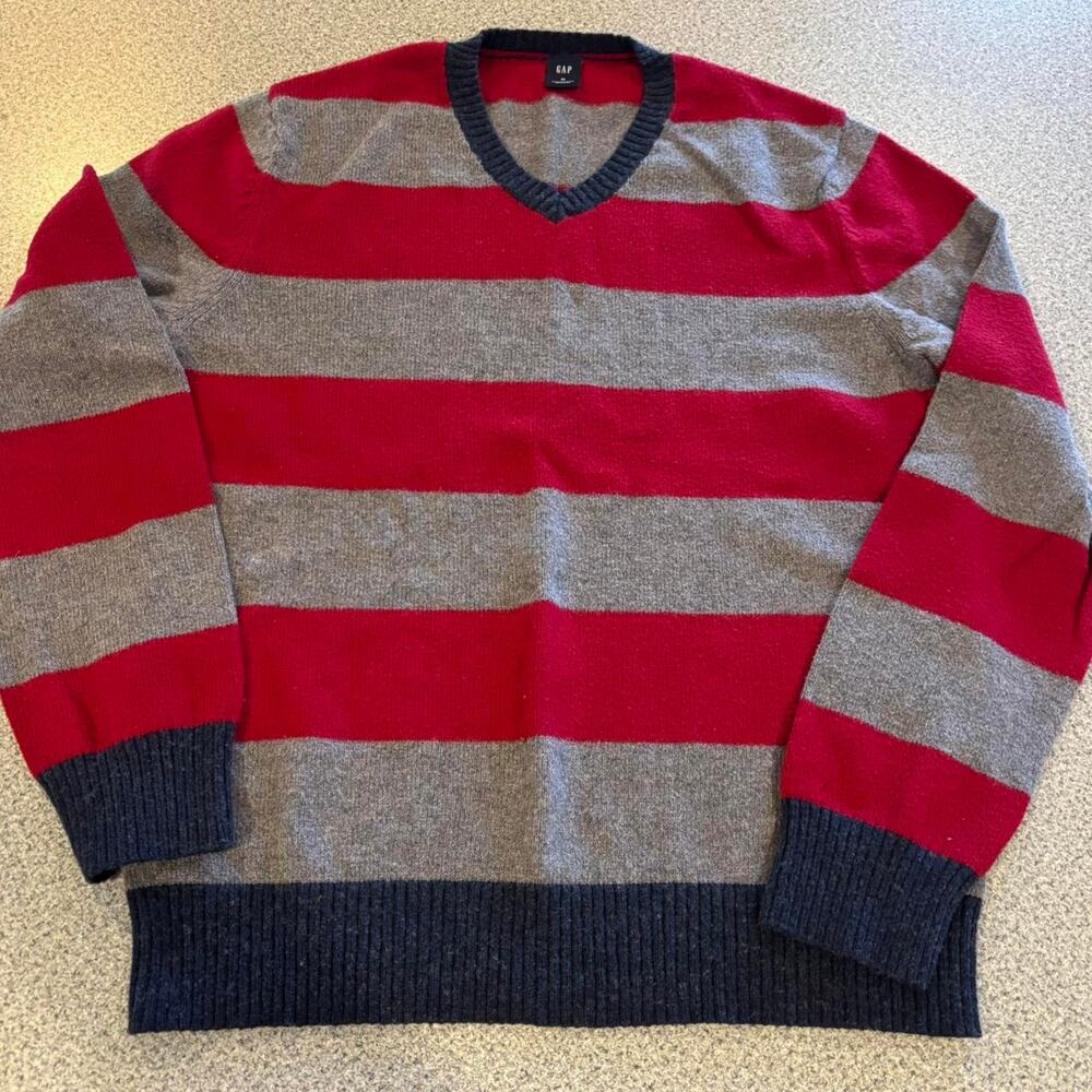 GAP Men’s V-Neck Striped Sweater - Red, Gray, & Navy - Size M